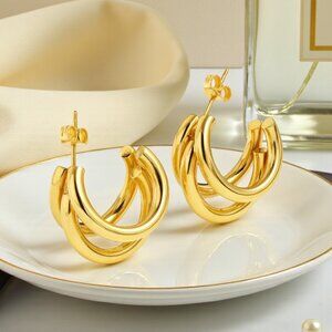 🆕 Modern Muse Triple Hoop Timeless Earrings 18K Gold Plated Stainless Steel